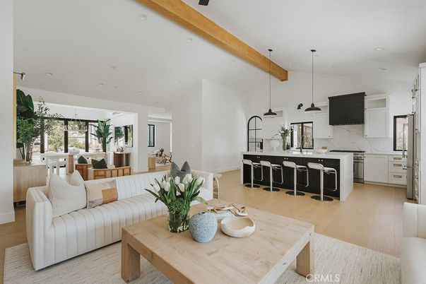 Interior, Kitchen, Living room, Marble Walls, Pendant Lights, Recessed Lighting, Stainless Steel Appliances, Wooden Beams, Wood Texture Flooring