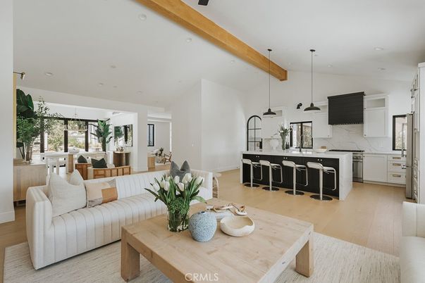 Interior, Kitchen, Living room, Marble Walls, Pendant Lights, Recessed Lighting, Stainless Steel Appliances, Wooden Beams, Wood Texture Flooring