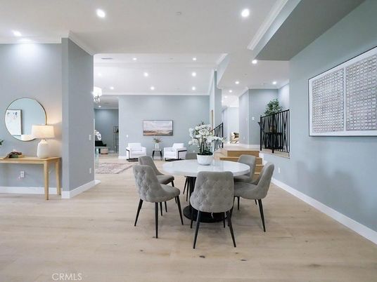 Dining room, Interior, Pendant Lights, Recessed Lighting, Wood Texture Flooring