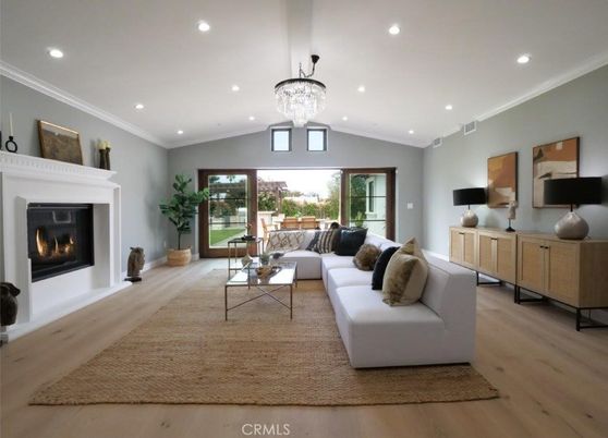 Chandelier, Fireplace, Interior, Living room, Recessed Lighting, Wood Texture Flooring