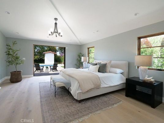 Bedroom, Chandelier, Interior, Recessed Lighting, Wood Texture Flooring