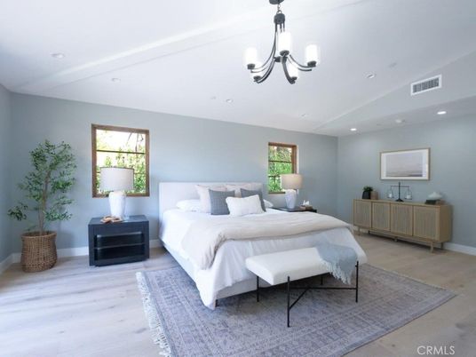 Bedroom, Chandelier, Interior, Recessed Lighting, Wood Texture Flooring