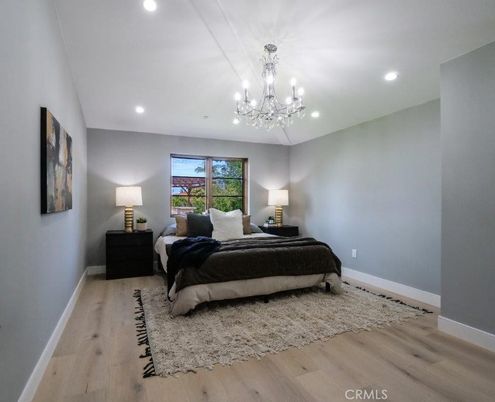 Bedroom, Chandelier, Interior, Recessed Lighting, Wood Texture Flooring