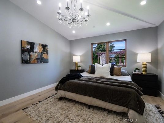 Bedroom, Chandelier, Interior, Recessed Lighting, Wood Texture Flooring