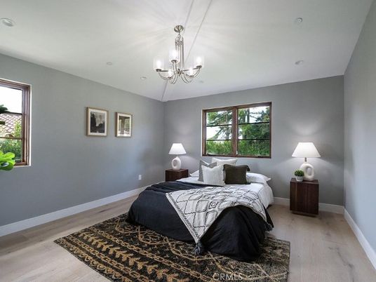 Bedroom, Chandelier, Interior, Wood Texture Flooring