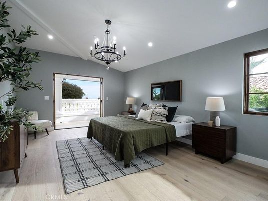 Bedroom, Chandelier, Interior, Recessed Lighting, Wood Texture Flooring