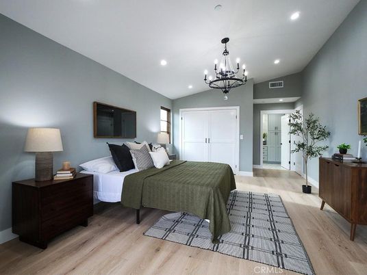 Bedroom, Chandelier, Interior, Recessed Lighting, Wood Texture Flooring