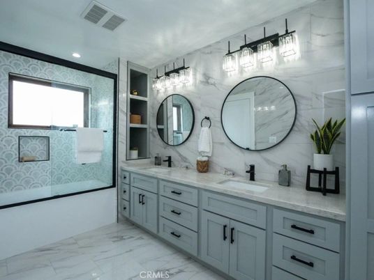 Bathroom, Dual Sink Vanities, Interior, Marble, Marble Walls, Recessed Lighting