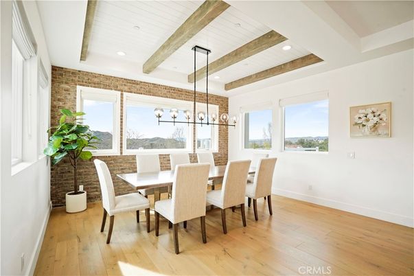 Dining room, Interior, Pendant Lights, Recessed Lighting, Stone Walls, Wooden Beams, Wood Texture Flooring