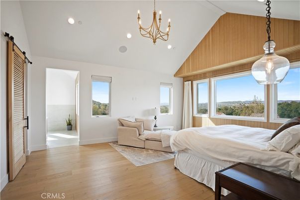 Bedroom, Chandelier, Interior, Pendant Lights, Recessed Lighting, Wood Texture Flooring
