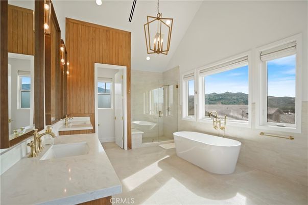 Bathroom, Dual Sink Vanities, Free Standing Baths, Glass Shower, Interior, Pendant Lights