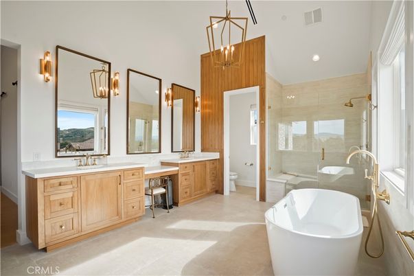 Bathroom, Dual Sink Vanities, Free Standing Baths, Interior, Pendant Lights, Recessed Lighting