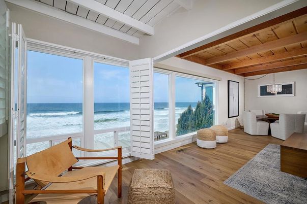 Dining room, Interior, Pendant Lights, Water, Wooden Beams, Wooden Ceilings, Wood Texture Flooring