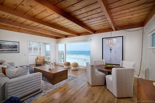 Dining room, Interior, Living room, Pendant Lights, Water, Wooden Beams, Wooden Ceilings, Wood Texture Flooring
