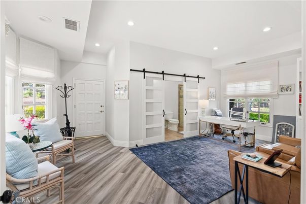 Fireplace, Home Office, Interior, Recessed Lighting, Wood Texture Flooring