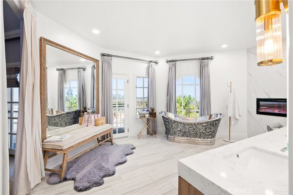 Bathroom, Fireplace, Interior, Marble Walls, Recessed Lighting, Wood Texture Flooring