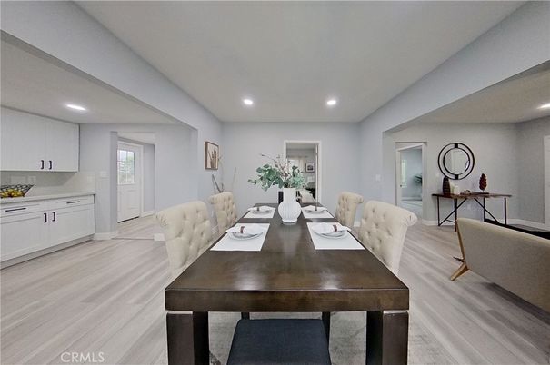 Dining room, Interior, Recessed Lighting, Wood Texture Flooring