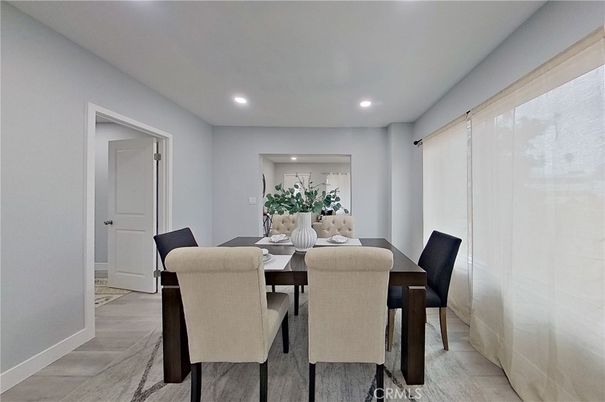 Dining room, Interior, Recessed Lighting, Wood Texture Flooring