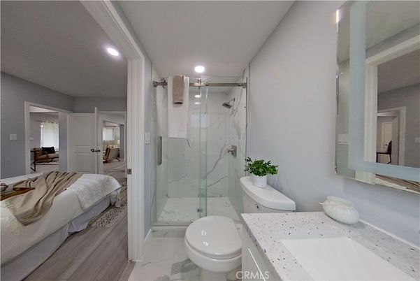 Bathroom, Glass Shower, Interior, Marble, Marble Walls, Recessed Lighting, Wood Texture Flooring