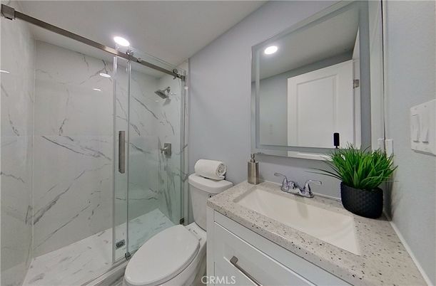 Bathroom, Glass Shower, Interior, Marble Walls, Recessed Lighting