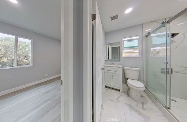 Bathroom, Glass Shower, Interior, Marble, Marble Walls, Recessed Lighting, Wood Texture Flooring