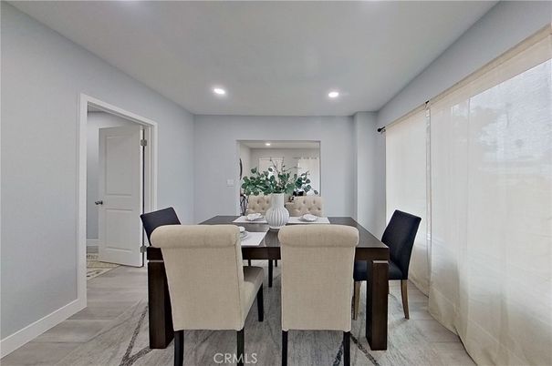 Dining room, Interior, Recessed Lighting, Wood Texture Flooring
