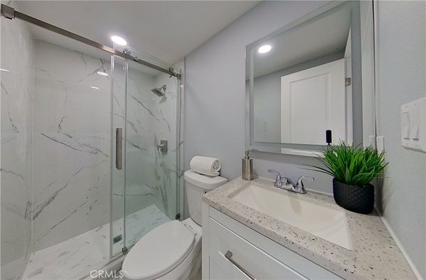 Bathroom, Glass Shower, Interior, Marble Walls, Recessed Lighting