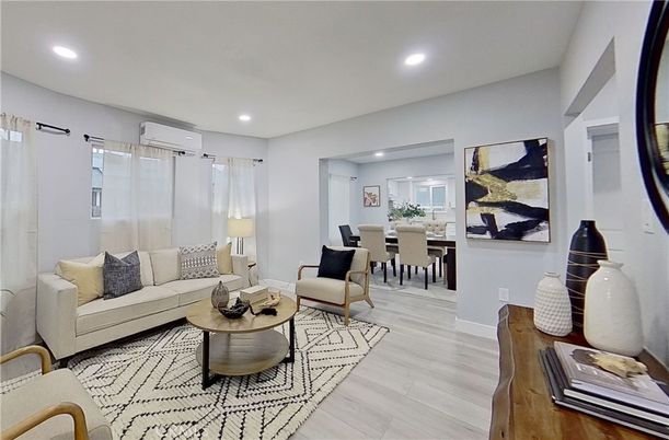 Dining room, Interior, Living room, Recessed Lighting, Wood Texture Flooring