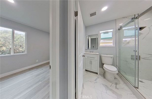 Bathroom, Glass Shower, Interior, Marble, Marble Walls, Recessed Lighting, Wood Texture Flooring