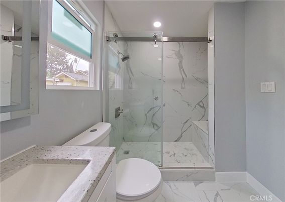 Bathroom, Glass Shower, Interior, Marble, Marble Walls, Recessed Lighting