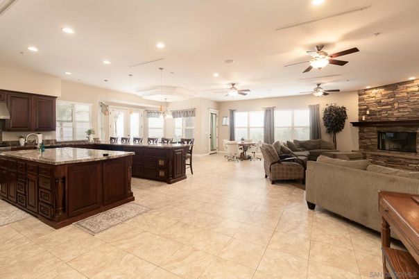 Dining room, Fireplace, Interior, Kitchen, Living room, Pendant Lights, Recessed Lighting, Stone Walls