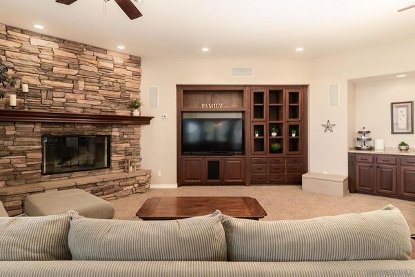 Fireplace, Interior, Living room, Recessed Lighting, Stone Walls