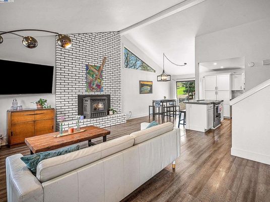 Dining room, Fireplace, Interior, Kitchen, Living room, Pendant Lights, Recessed Lighting, Stone Walls, Wood Texture Flooring
