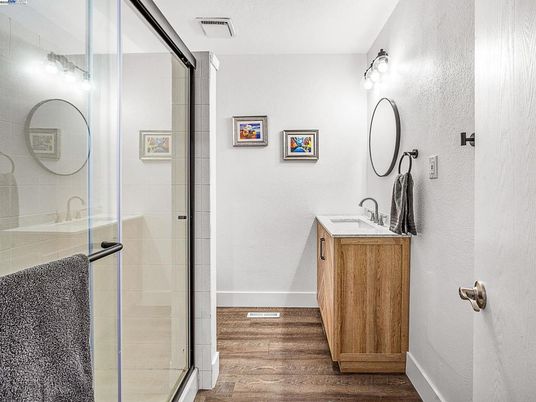 Bathroom, Glass Shower, Interior, Wood Texture Flooring
