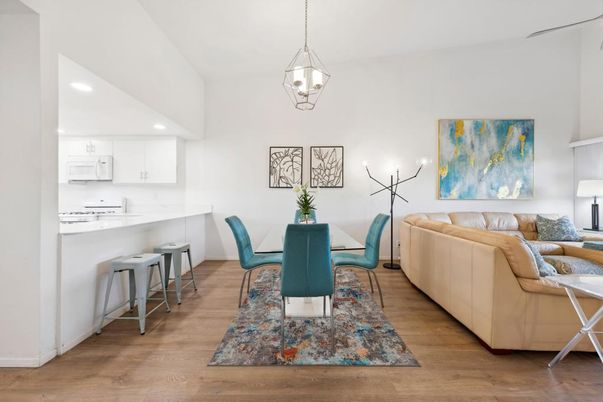 Dining room, Interior, Kitchen, Living room, Pendant Lights, Recessed Lighting, Wood Texture Flooring