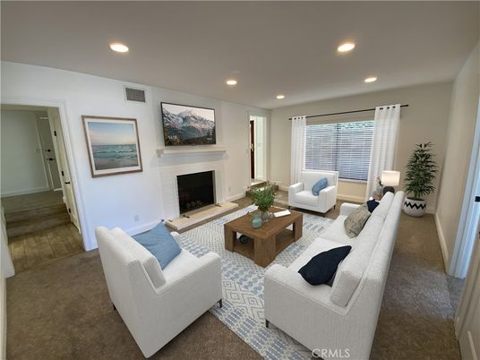 Fireplace, Interior, Living room, Recessed Lighting, Wood Texture Flooring