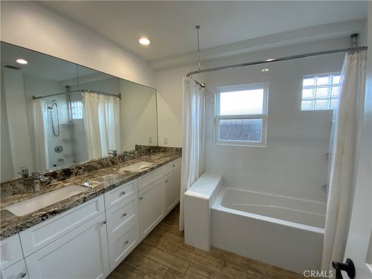 Bathroom, Dual Sink Vanities, Interior, Recessed Lighting, Wood Texture Flooring