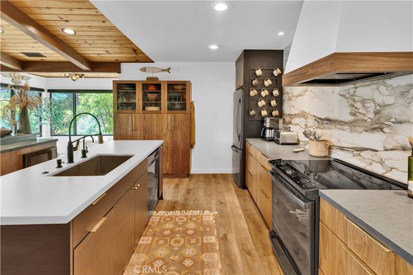 Interior, Kitchen, Marble Walls, Recessed Lighting, Stainless Steel Appliances, Wooden Ceilings, Wood Texture Flooring