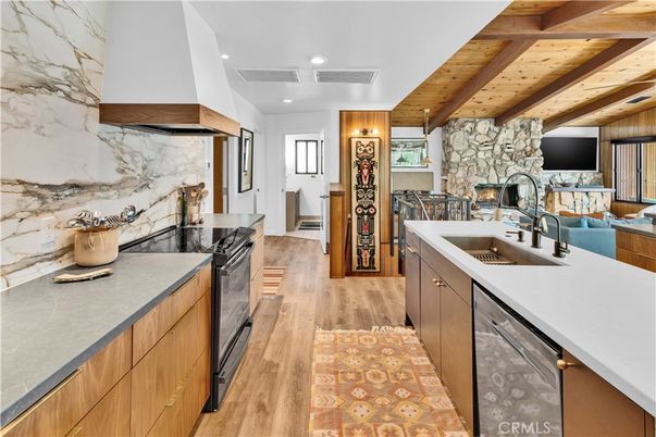 Fireplace, Interior, Kitchen, Marble Walls, Recessed Lighting, Stone Walls, Wooden Beams, Wooden Ceilings, Wood Texture Flooring