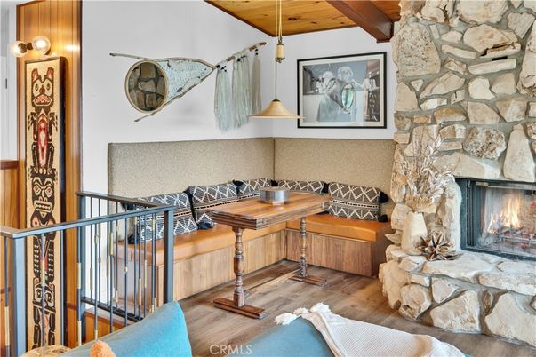 Fireplace, Interior, Pendant Lights, Stone Walls, Wooden Ceilings, Wood Texture Flooring