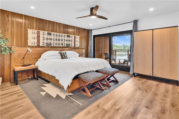 Bedroom, Interior, Recessed Lighting, Wood Texture Flooring, Wooden Walls