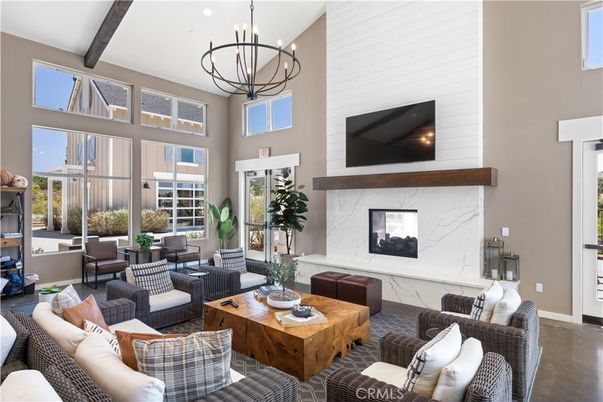 Chandelier, Dining room, Fireplace, Interior, Living room, Pendant Lights, Wooden Beams