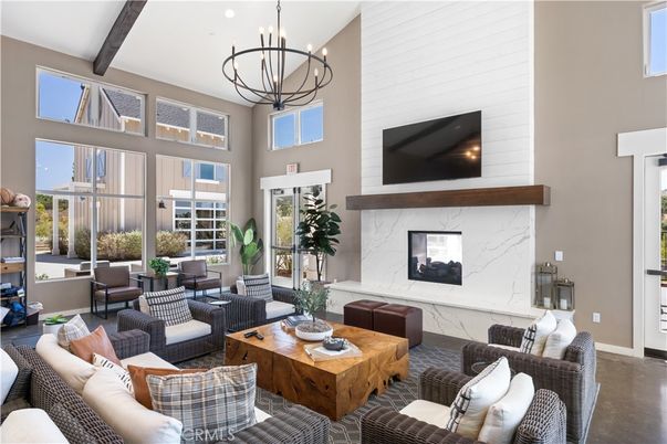 Chandelier, Dining room, Fireplace, Interior, Living room, Pendant Lights, Wooden Beams