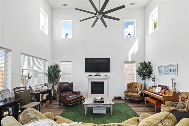 Fireplace, Interior, Living room, Pendant Lights, Piano, Wood Texture Flooring