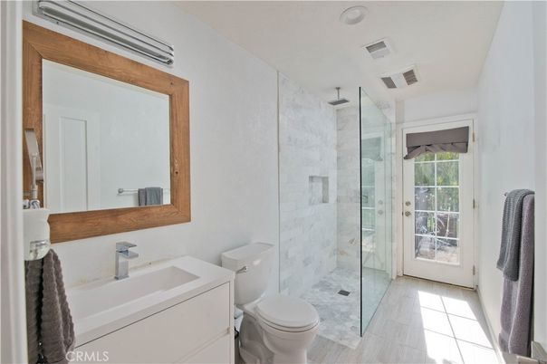 Bathroom, Glass Shower, Interior, Marble Walls, Wood Texture Flooring