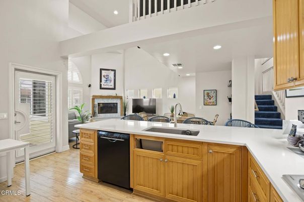 Fireplace, Interior, Kitchen, Recessed Lighting, Wood Texture Flooring