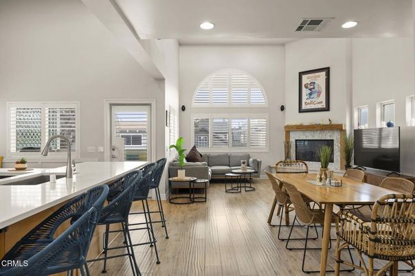 Dining room, Fireplace, Interior, Kitchen, Living room, Recessed Lighting, Wood Texture Flooring
