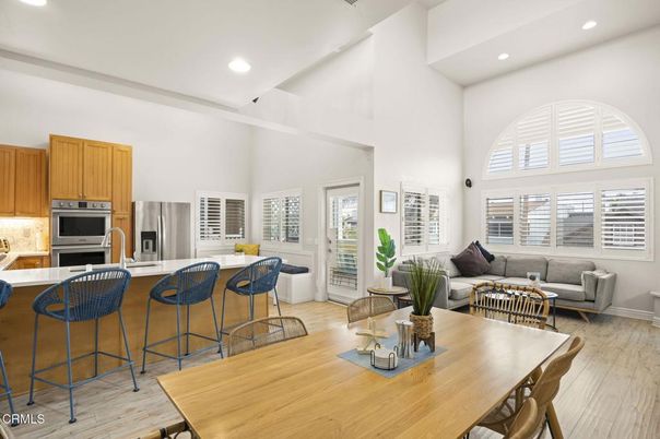 Dining room, Interior, Kitchen, Living room, Recessed Lighting, Stainless Steel Appliances, Wood Texture Flooring