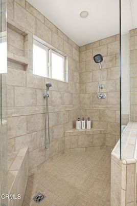Bathroom, Glass Shower, Interior, Recessed Lighting, Stone Walls