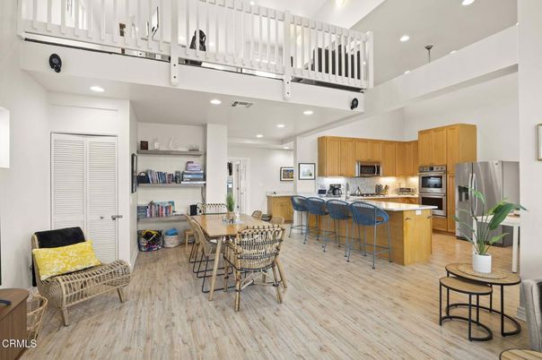Dining room, Interior, Kitchen, Recessed Lighting, Stainless Steel Appliances, Wood Texture Flooring